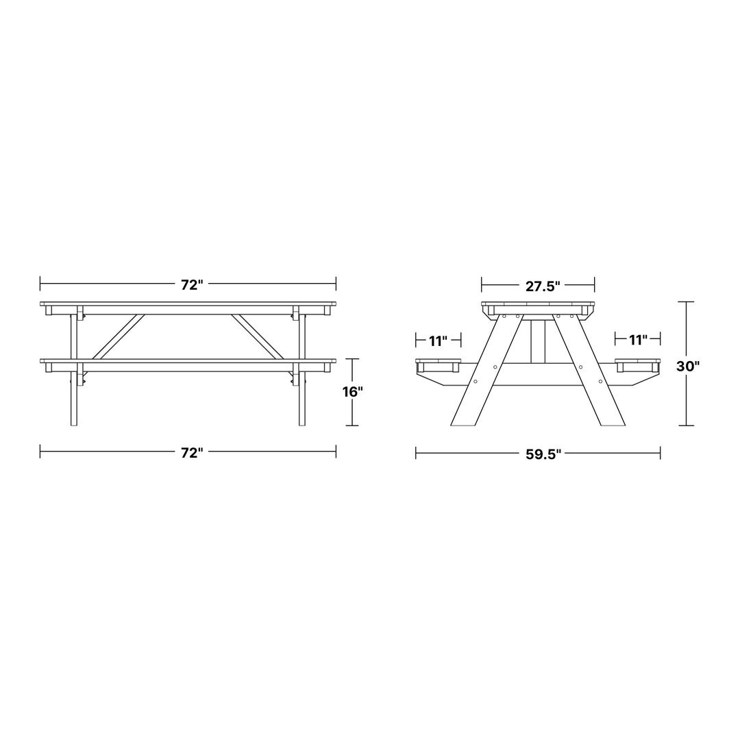 Heritage Picnic Table with Attached Benches dimensions diagram