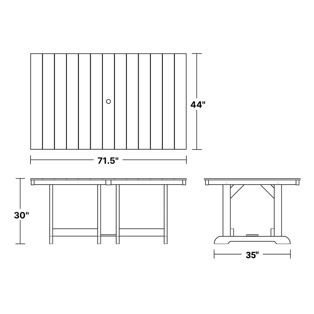 Heritage 44"x72" Dining Table dimensions diagram